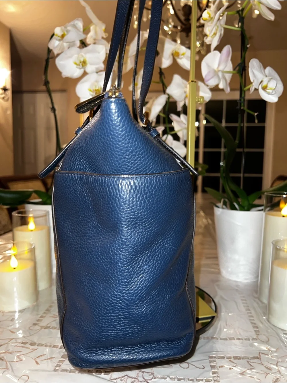 Michael Kors Jet Set Navy Pebbled Leather Tote Bag Gold Hardware MK Charm Large - Picture 8 of 16